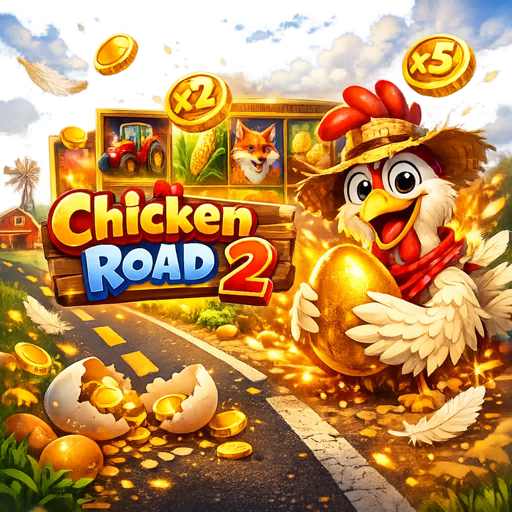 Dynamic promotional image of Chicken Road slot featuring funny chicken, eggs, coins, and lively arcade energy.